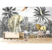 Fototapete mit Dschungelmotiv, einschließlich Elefant, Löwe und tropischer Vegetation