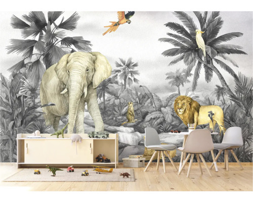 Fototapete mit Dschungelmotiv, einschließlich Elefant, Löwe und tropischer Vegetation