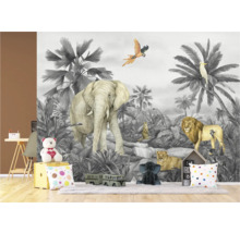 Fototapete mit Dschungelmotiven mit Elefant, Löwe, Erdmännchen und Papagei im Kinderzimmer