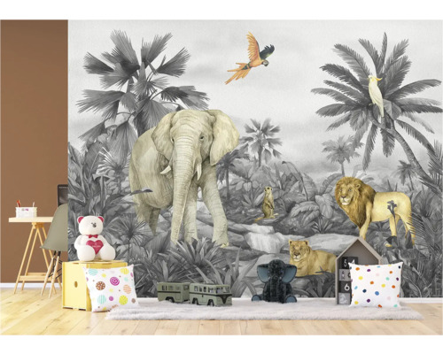 Fototapete mit Dschungelmotiven mit Elefant, Löwe, Erdmännchen und Papagei im Kinderzimmer