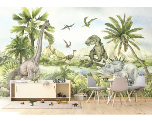 Kinderzimmer mit Dinosaurier-Tapete, Schrank und Spielzeug
