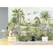Dinosaurier-Fototapete im Kinderzimmer mit Brachiosaurus, Tyrannosaurus und Triceratops