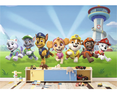 Kinderzimmer mit Paw Patrol Wandbild, Spielzeugregal und Spielsachen