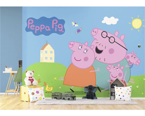 Kinderzimmer mit Wandbild von Peppa Pig und Spielzeugen
