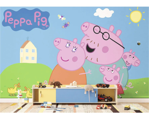 Peppa Pig Fototapete im Kinderzimmer mit Spielzeug und Kommode