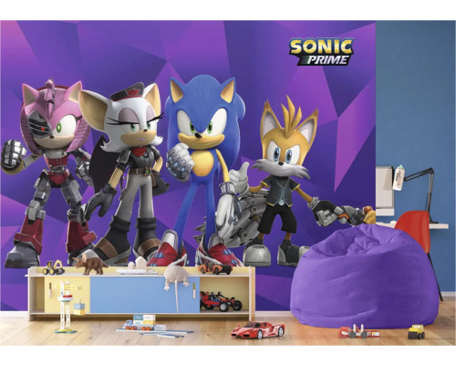 Fototapete mit Sonic Prime Motiv im Kinderzimmer.
