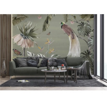 Wohnzimmer mit Fototapete mit Vogel- und Pflanzenmotiven