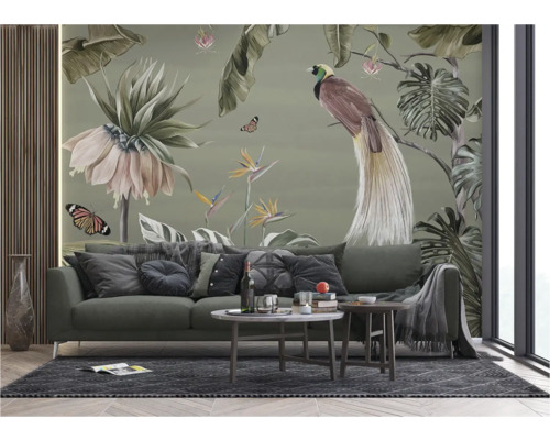 Wohnzimmer mit Fototapete mit Vogel- und Pflanzenmotiven