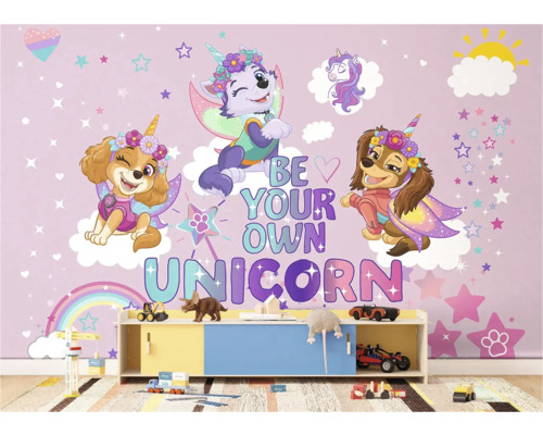 Kinderzimmer mit Wandtattoo, das Paw Patrol Charaktere als Einhörner darstellt