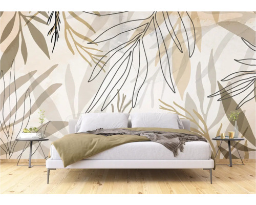 Schlafzimmer mit botanischer Tapete mit Blättern