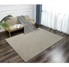 Innenaufnahme eines Wohnzimmers mit beigem Teppich, Sofa, Vorhängen und Holzboden