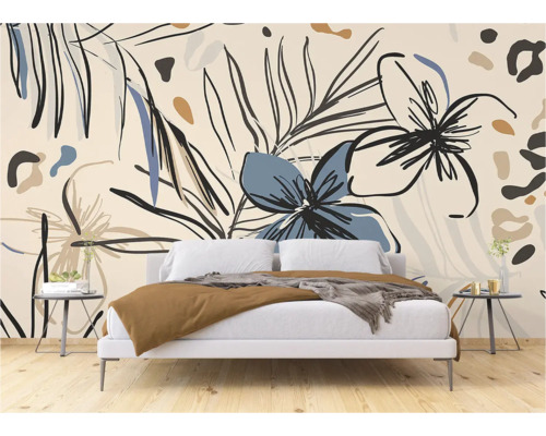 Schlafzimmer mit Fototapete mit Pflanzenmuster