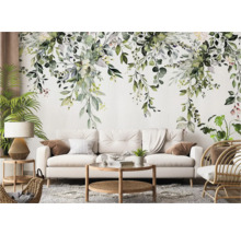 Wohnzimmer mit floraler Fototapete, Sofa und Dekorationen für ein gemütliches Ambiente