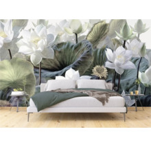 Schlafzimmer mit Fototapete mit floralem Lotusblütenmuster