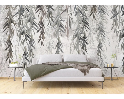 Schlafzimmer mit Fototapete mit Blattmotiv