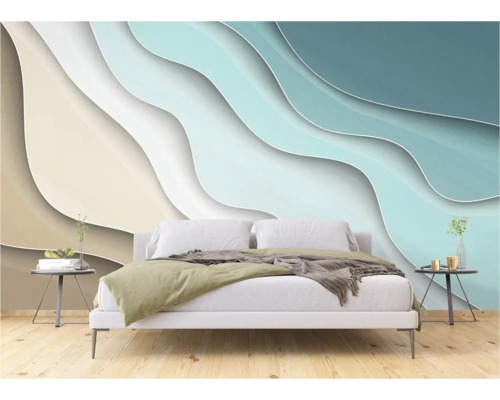 Schlafzimmer mit Fototapete im Wellendesign