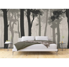 Schlafzimmer mit Waldtapete und modernem Bett