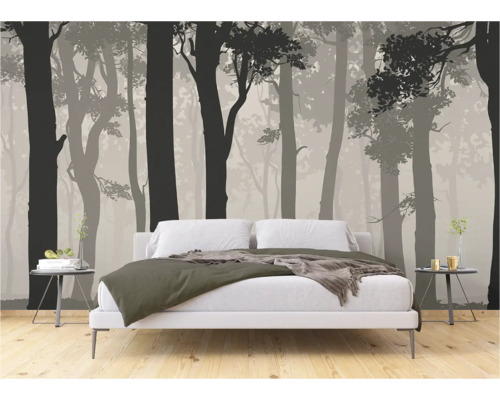 Schlafzimmer mit Waldtapete und modernem Bett