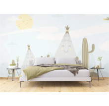 Schlafzimmer mit Wandbild mit Tipis und Kakteen