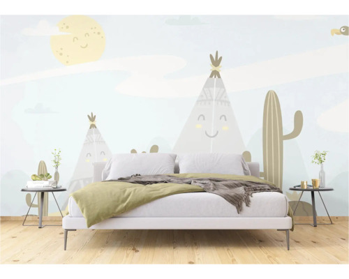 Schlafzimmer mit Wandbild mit Tipis und Kakteen