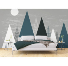 Schlafzimmer mit Fototapete mit Bergen und Bäumen