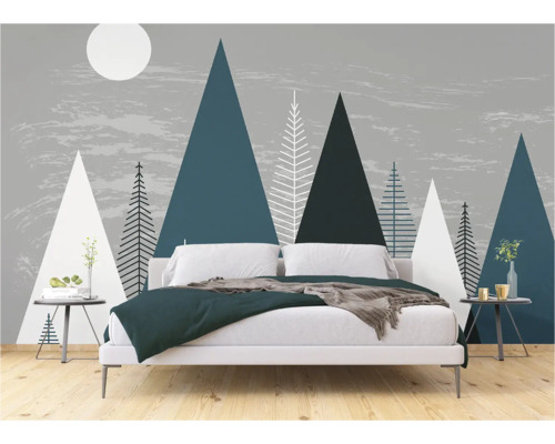 Schlafzimmer mit Fototapete mit Bergen und Bäumen
