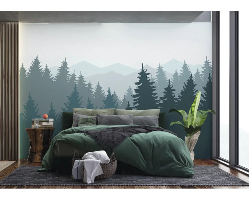 Schlafzimmer mit Waldtapete, Bett und Nachttisch