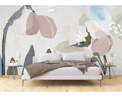 Schlafzimmer mit Tapete mit abstraktem Blumenmuster