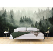 Schlafzimmer mit Fototapete mit Waldmotiv