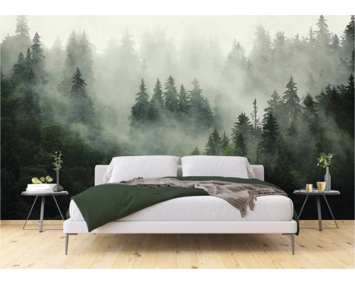 Schlafzimmer mit Fototapete mit Waldmotiv