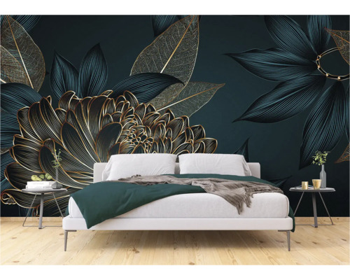 Schlafzimmer mit Fototapete mit Blumenmuster