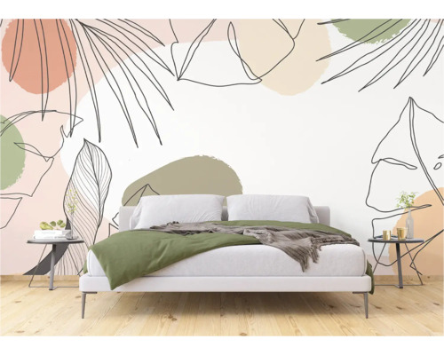 Schlafzimmer mit Fototapete mit Blätterdesign