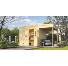 Holzgartenhaus mit überdachter Sitzecke und Regalen