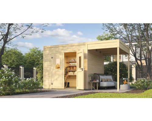 Holzgartenhaus mit überdachter Sitzecke und Regalen