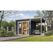 Gartenhaus mit Anbau und geöffneten Türen im Außenbereich