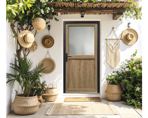 Eingangsbereich mit Tür, Pflanzen und Dekorationen
