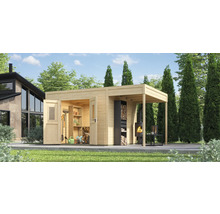 Gartenhaus mit offener Veranda, Holzlagerregal und Kamin im Garten