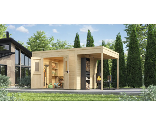 Gartenhaus mit offener Veranda, Holzlagerregal und Kamin im Garten