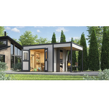 Gartenhaus mit Geräteschuppen, Regalen, Holzlager und Kamin im Außenbereich