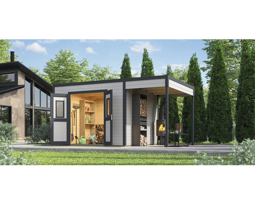 Gartenhaus mit Geräteschuppen, Regalen, Holzlager und Kamin im Außenbereich