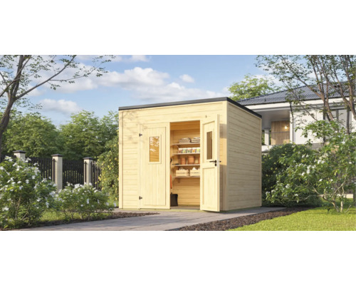 Holzgartenhaus mit geöffneten Türen und Regalen