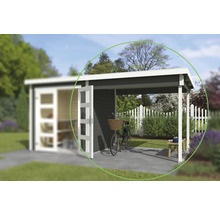 Holzgartenhaus mit überdachter Terrasse und Fahrrad