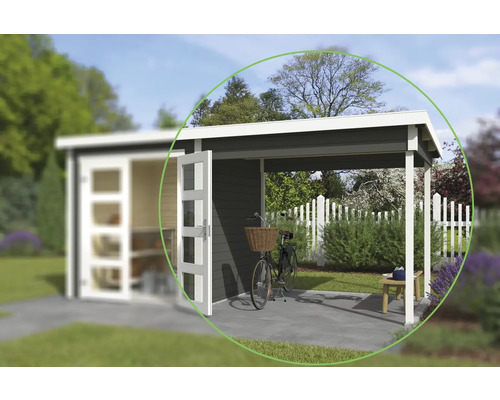 Holzgartenhaus mit überdachter Terrasse und Fahrrad
