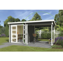 Gartenhaus mit überdachter Terrasse und Fahrrad