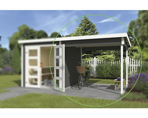 Gartenhaus mit überdachter Terrasse und Fahrrad