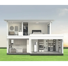 Schnittansicht eines Hauses mit Badezimmer, Schlafzimmer, Küche und Heiztechnik