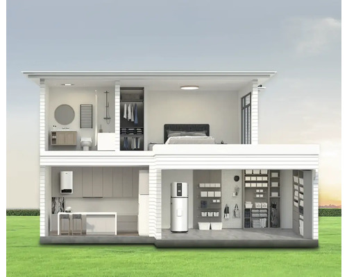 Querschnitt eines zweistöckigen Hauses mit Badezimmer, Schlafzimmer, Küche und Abstellraum