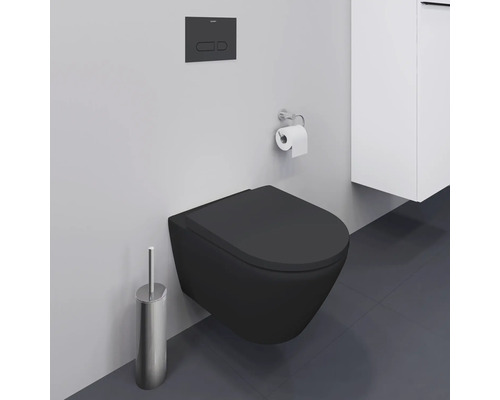 Wand-Tiefspültoilette in Schwarz mit Toilettenpapierhalter und Toilettenbürste
