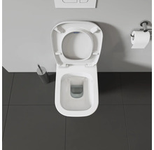 Aufnahme einer Toilette mit offenem Toilettendeckel und Toilettenpapierhalter