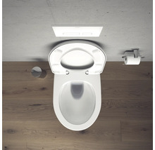 Aufnahme von oben einer Toilette mit geöffnetem Toilettendeckel, einer Toilettenbürste, einem Toilettenpapierhalter und einer Betätigungsplatte